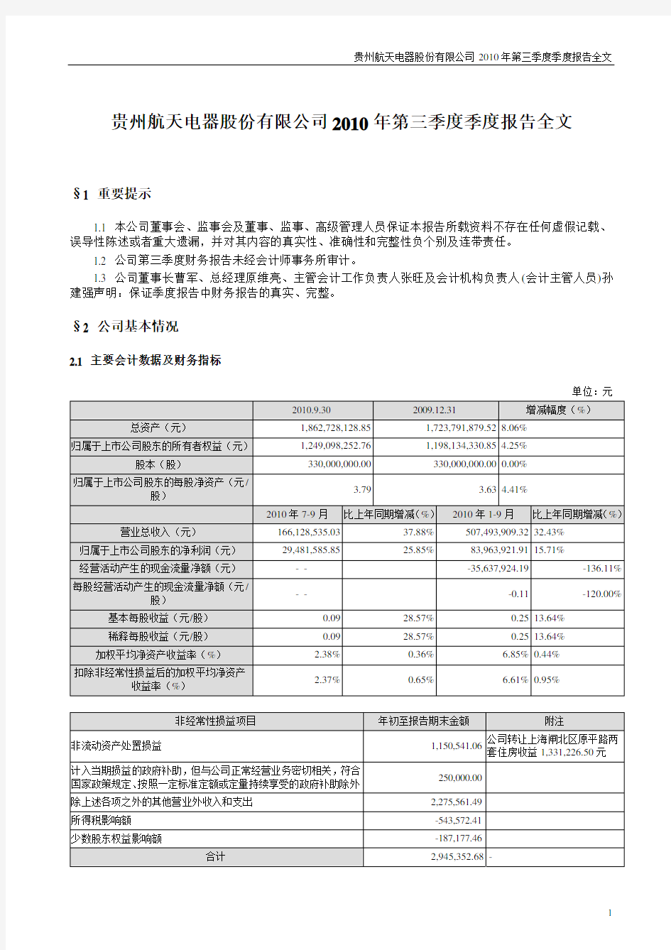 航天电器：2010年第三季度报告全文 2010-10-29