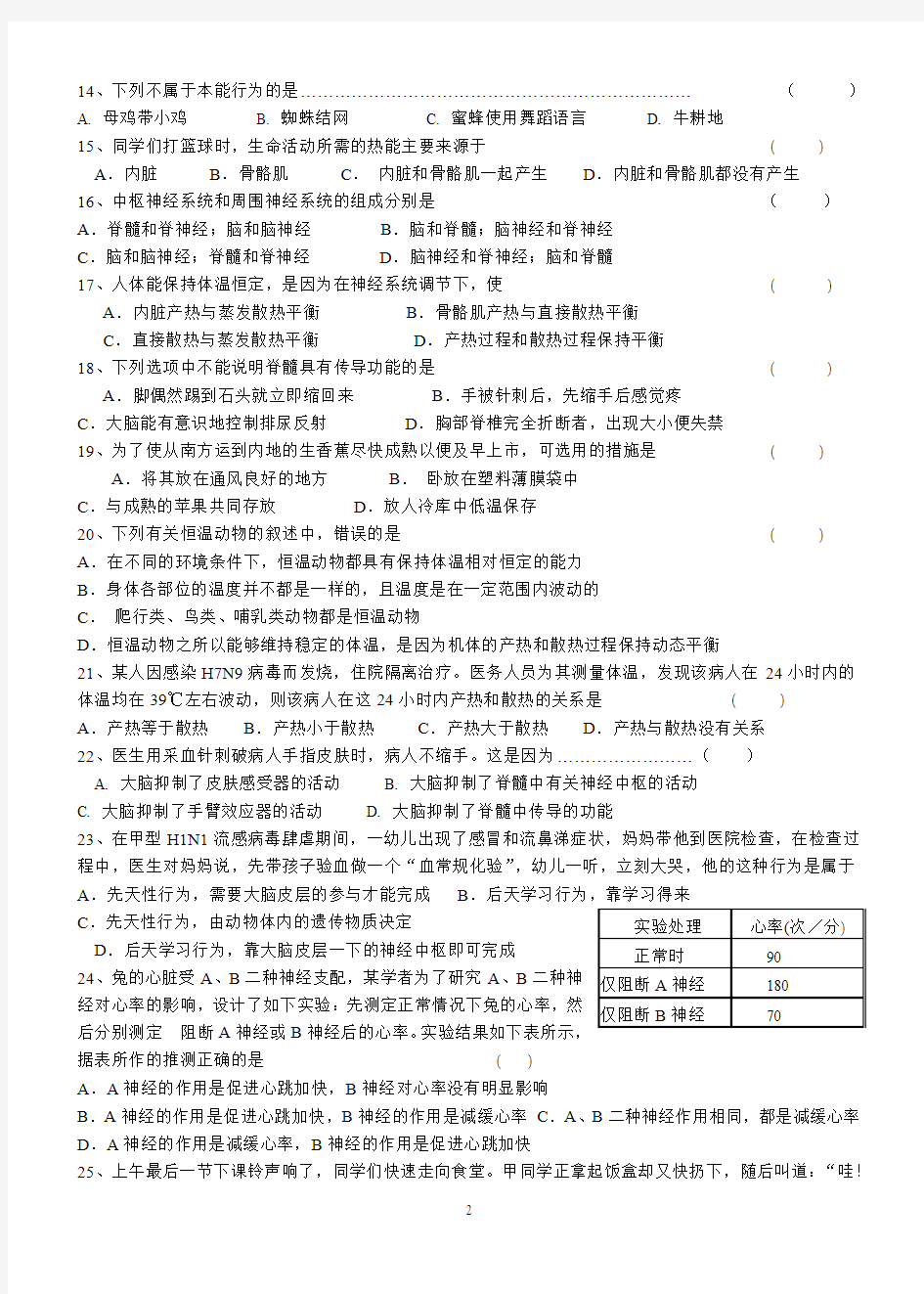 浙教版(新)八年级科学生命活动的调节单元检测卷(2013.11)