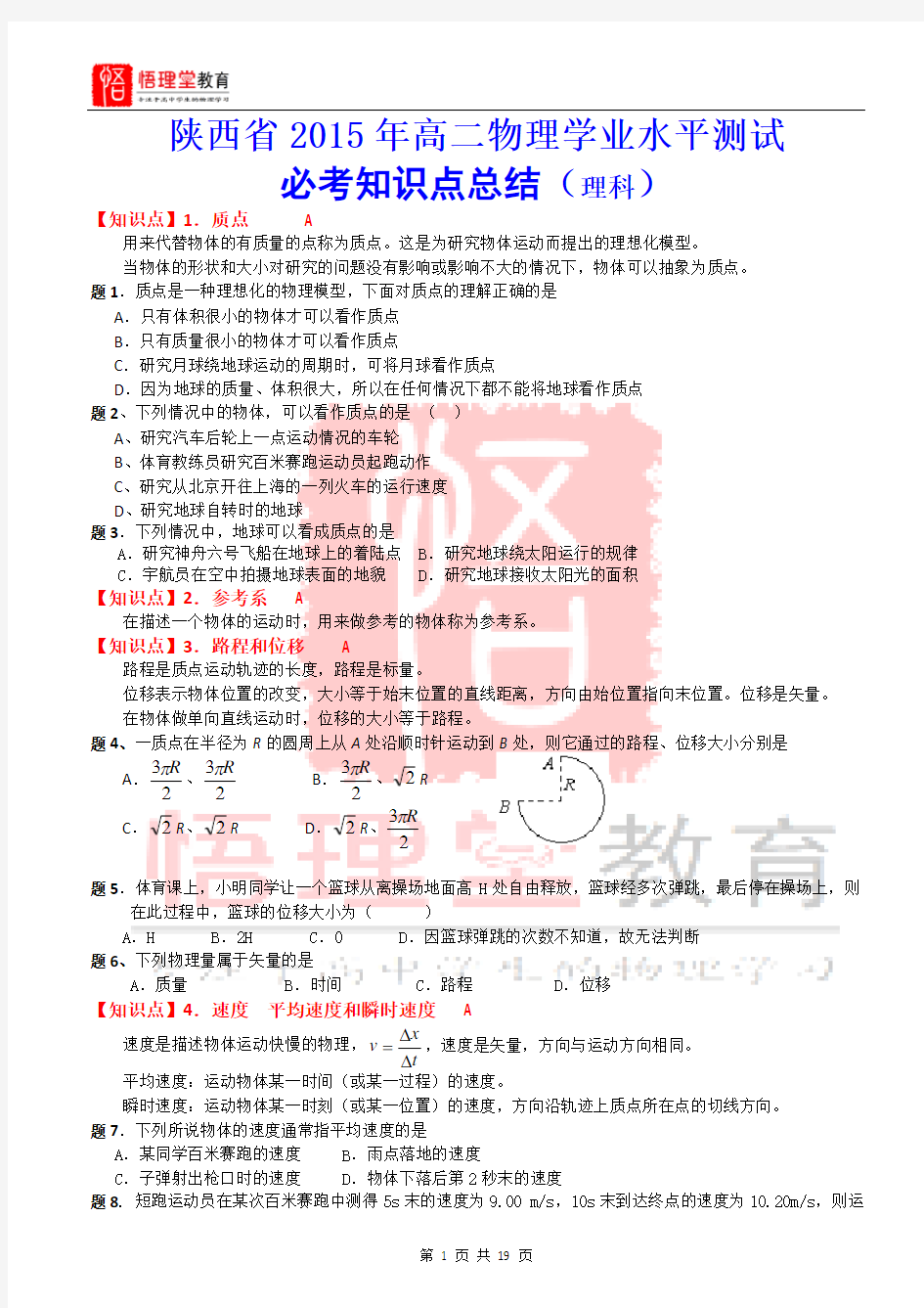 陕西省2015年高二物理学业水平测试 必考知识点总结