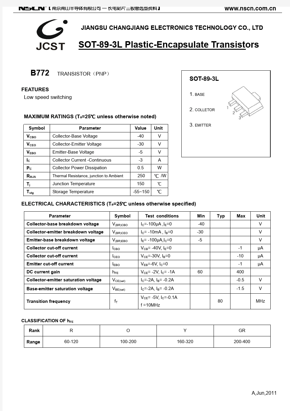 B772贴片三极管 SOT-89三极管封装B772参数