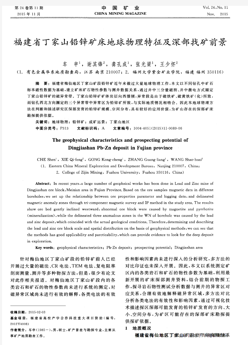 福建省丁家山铅锌矿床地球物理特征及深部找矿前景