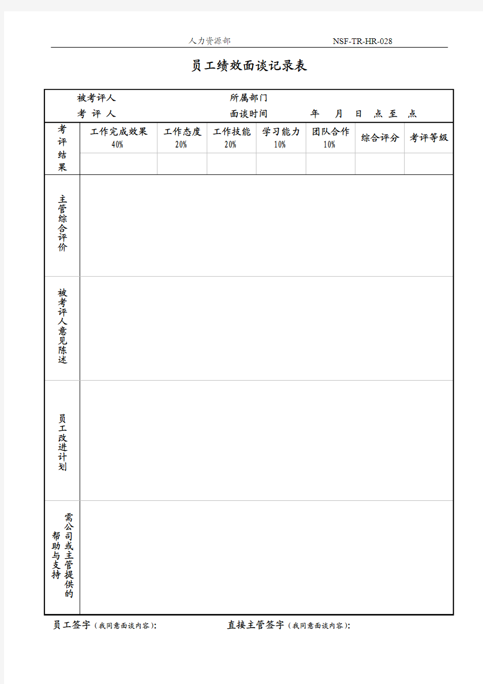 员工绩效面谈记录表