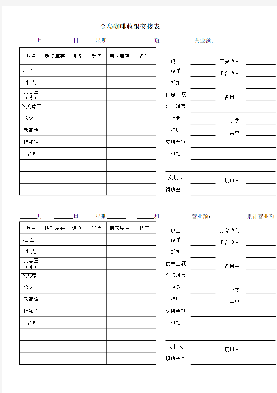 收银员交接表