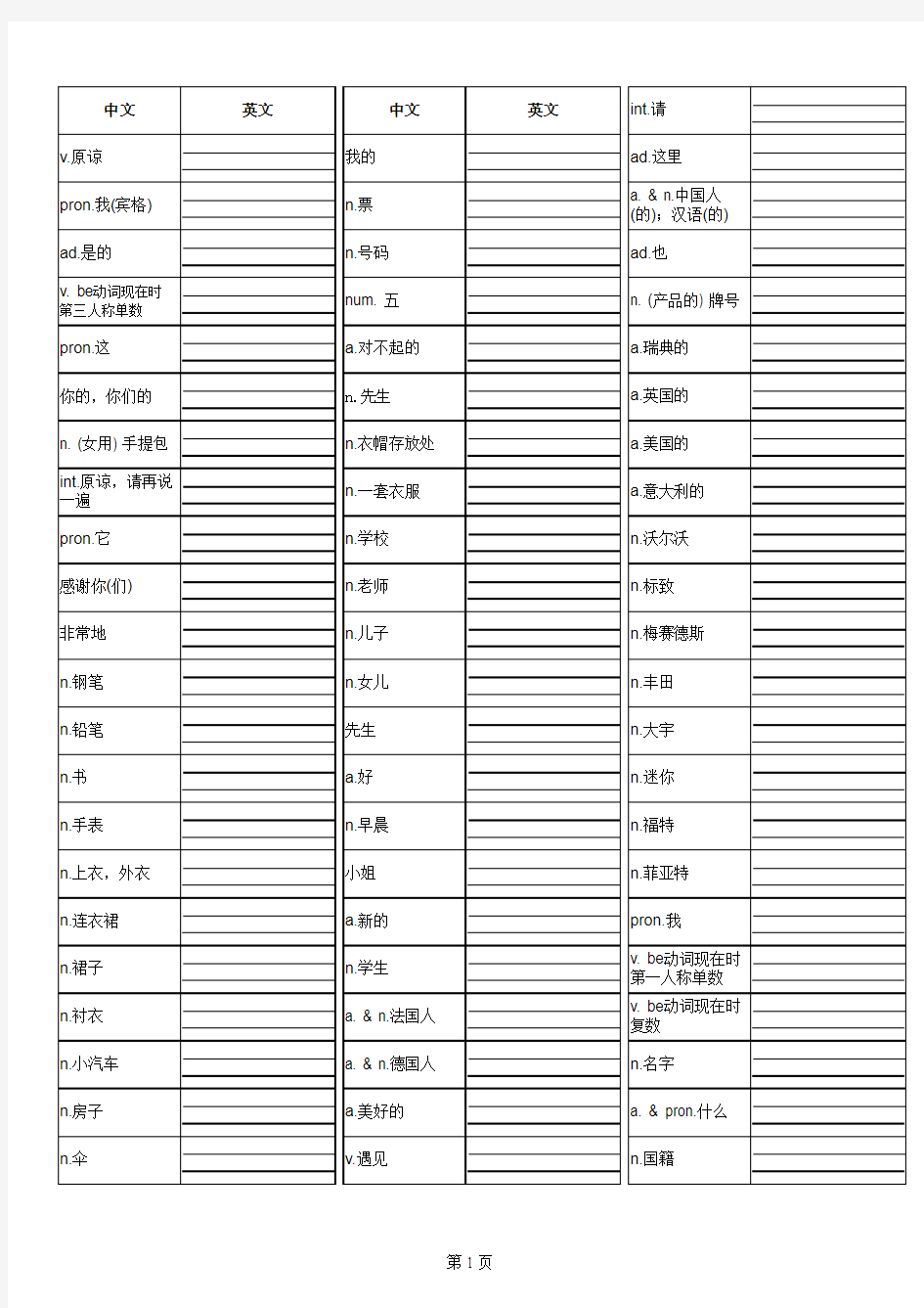 新概念英语第一册单词表练习(默写)