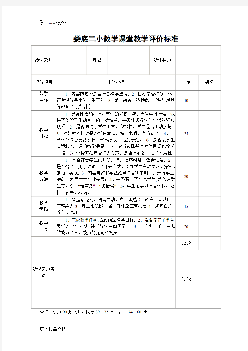 数学课堂教学评价标准汇编