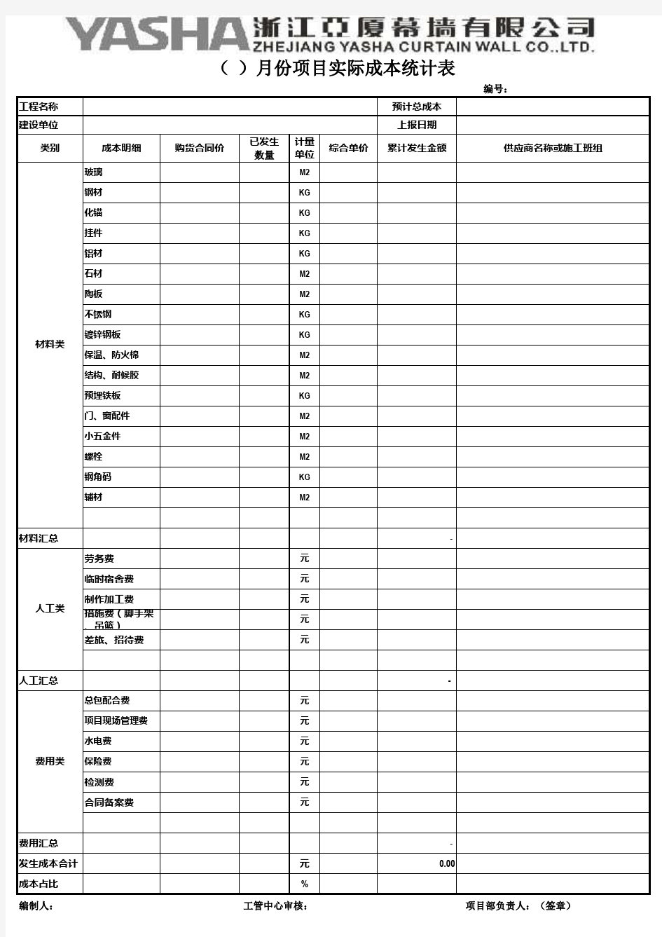 项目成本统计表 模板 