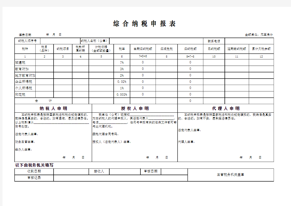 综合纳税申报表带计算公式