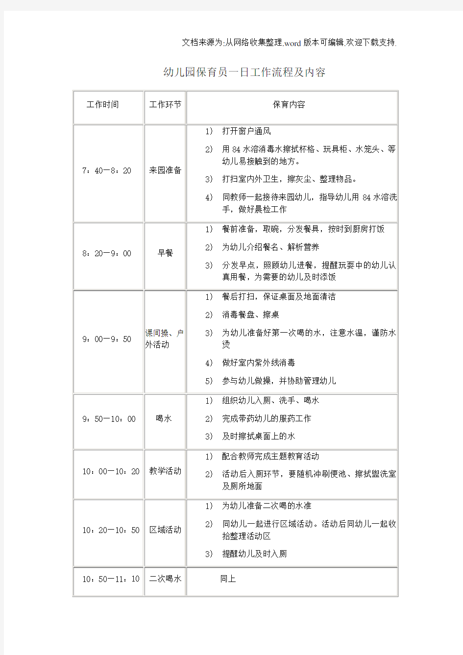 幼儿园保育员一日工作流程及内容