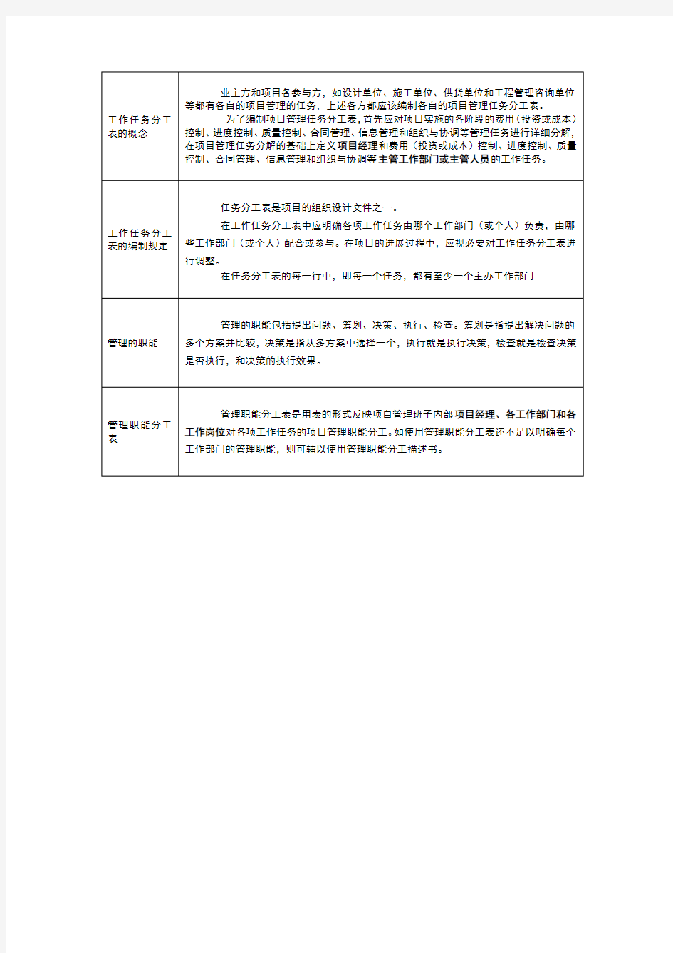 项目管理的工作任务分工和管理职能分工