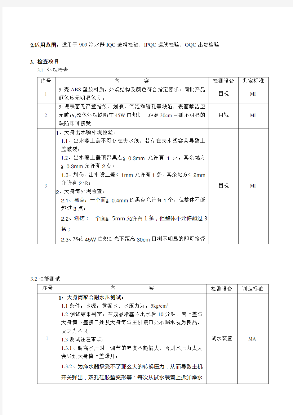 净水器成品检验规范