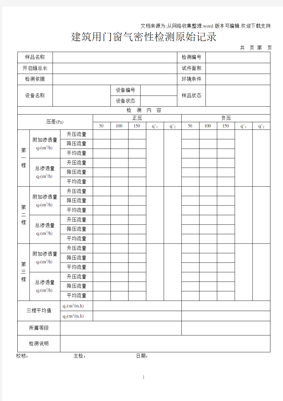 门窗三性检测原始记录