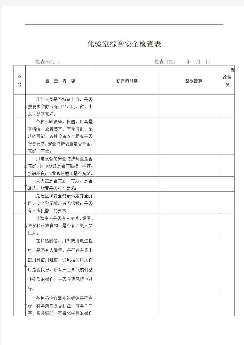 化验室安全检查表