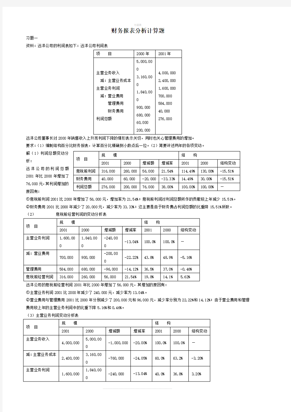 财务报表分析计算题