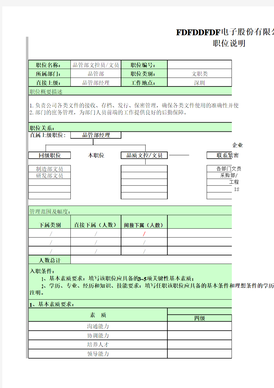 品管部文控员文员岗位说明(品管部)