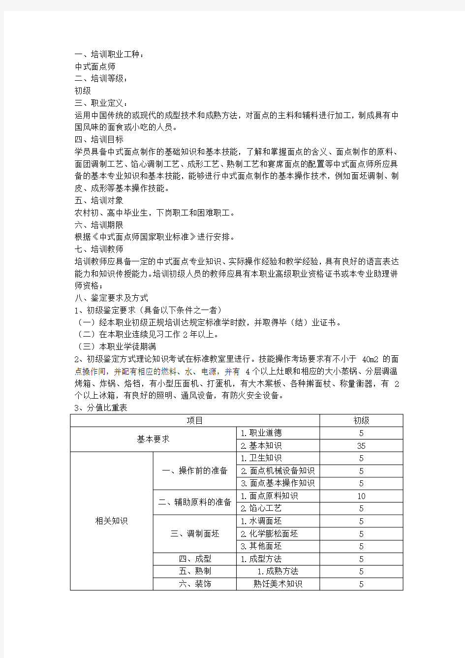 初级中式面点师培训教学大纲