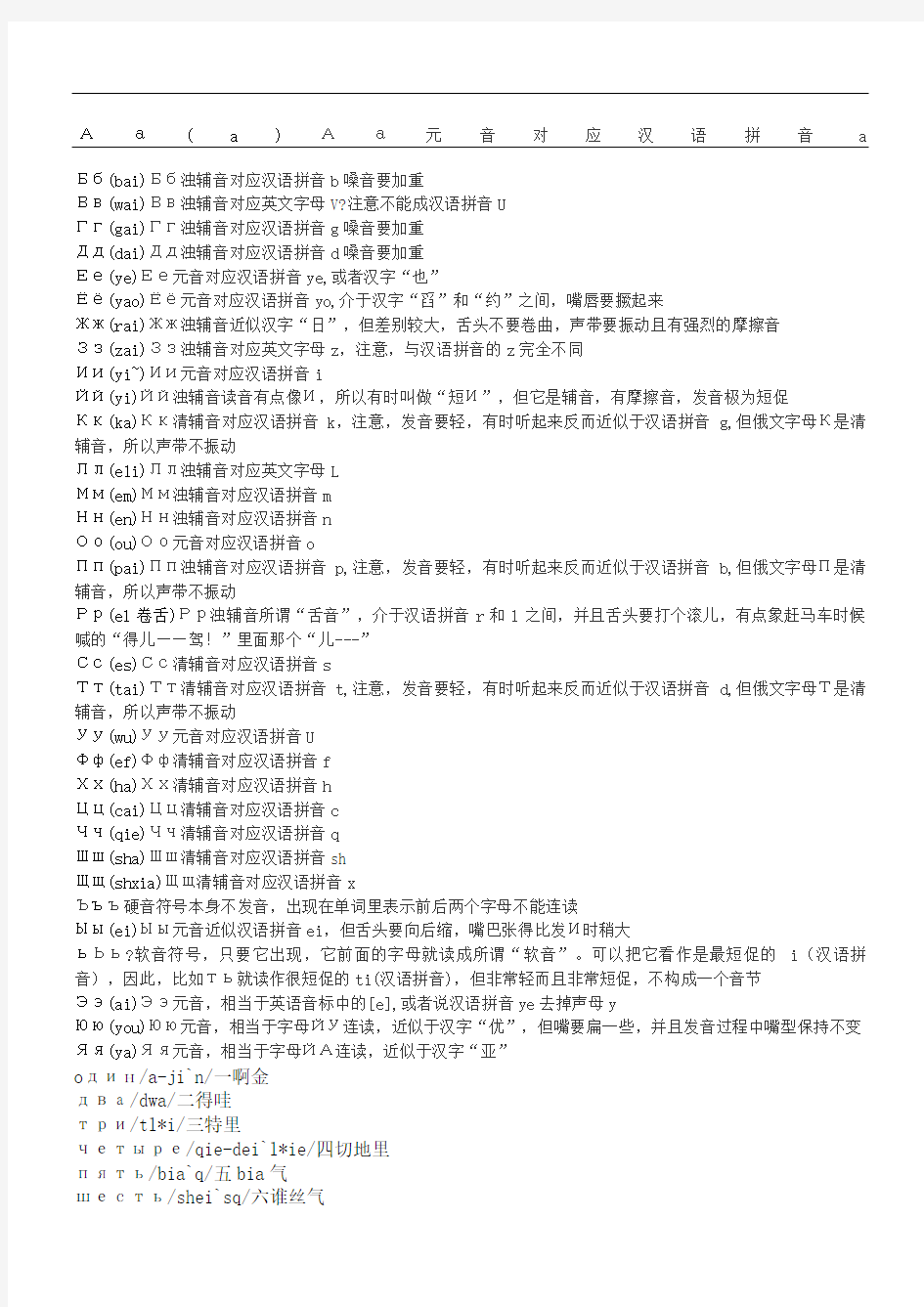 俄语字母及个数字汉语标读修订版
