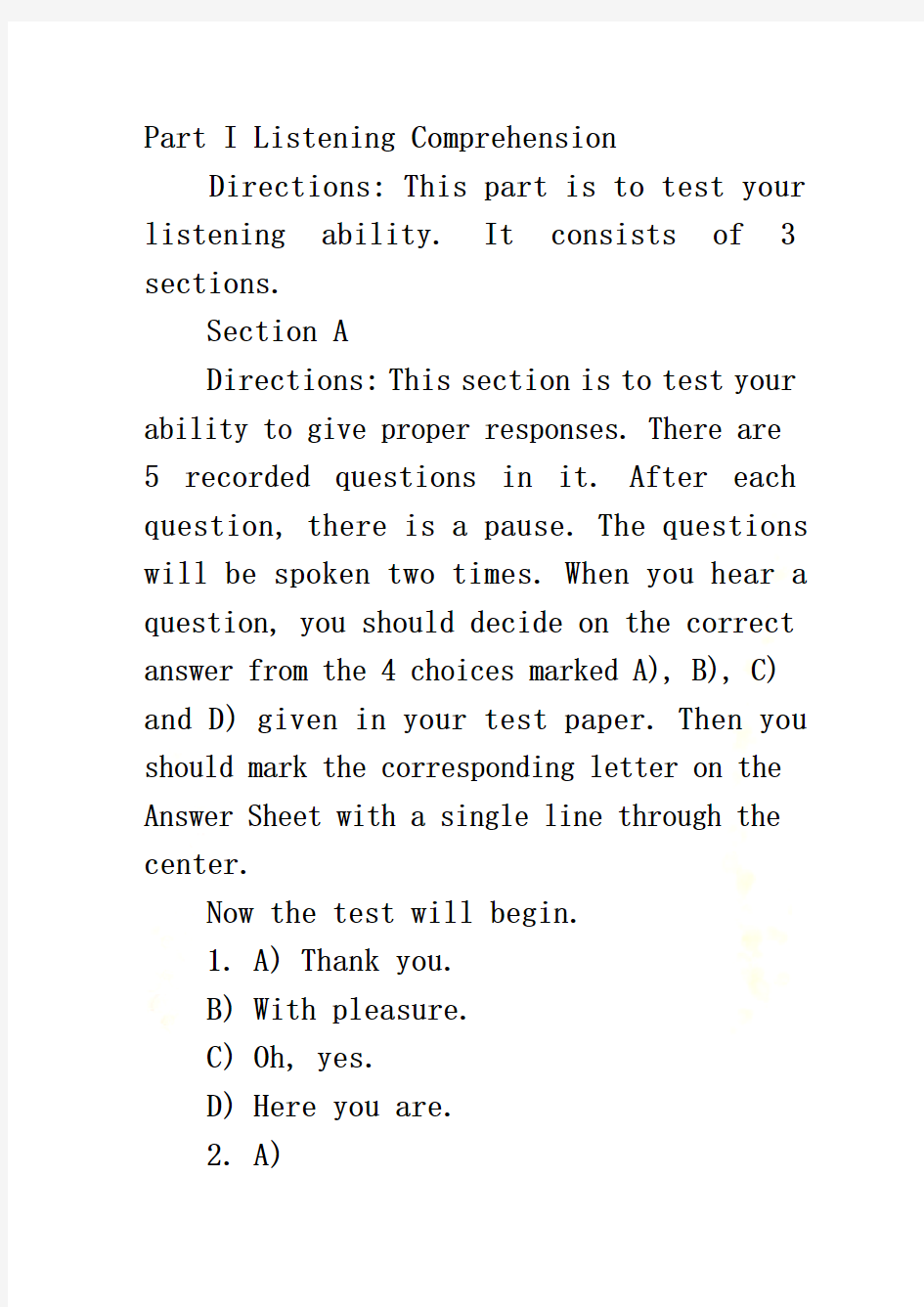2008年12月英语三级考试B级真题及答案
