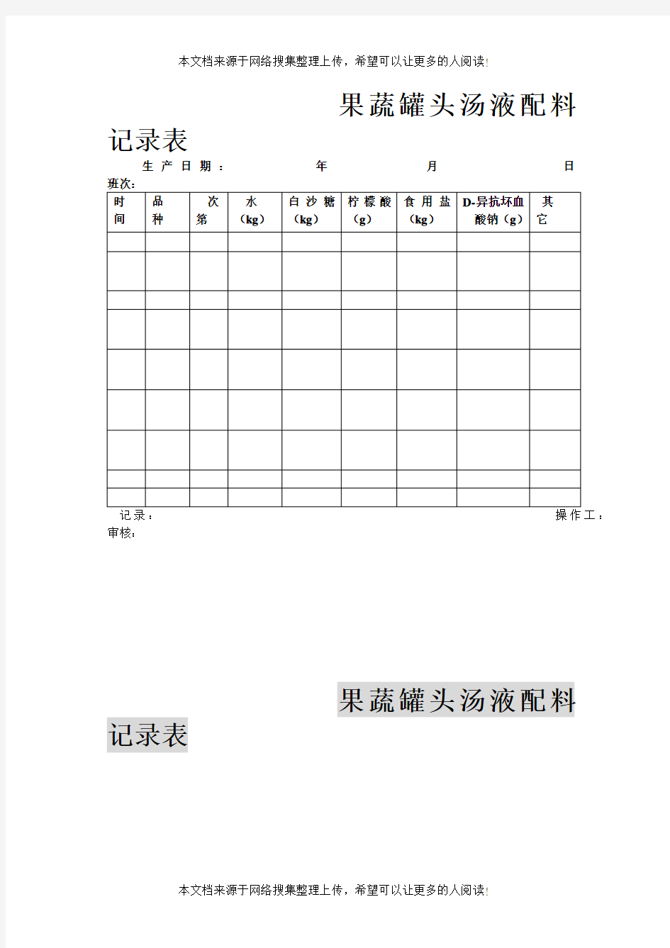 果蔬罐头汤液配料记录表(表格模板、DOC格式)