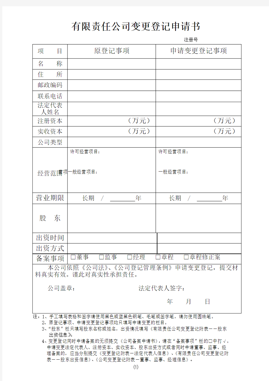 变更经营范围表格