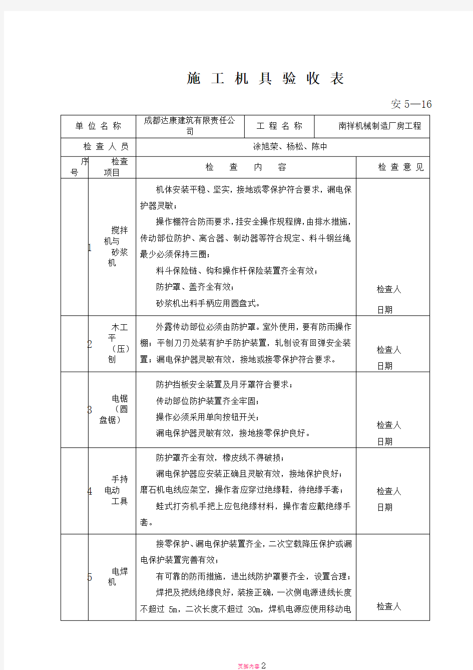 安5-16 施工机具验收表