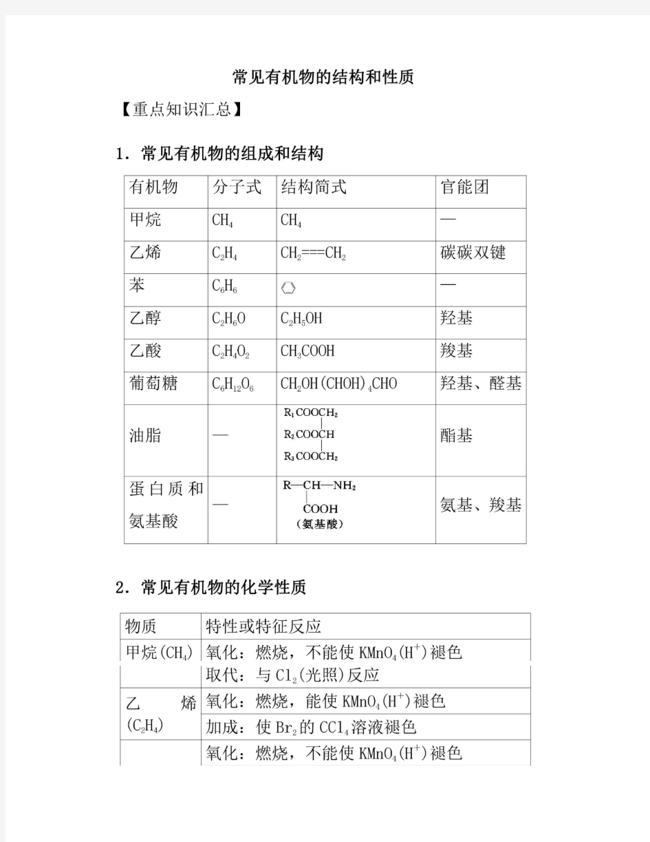 高考化学常见有机物的结构和性质详解