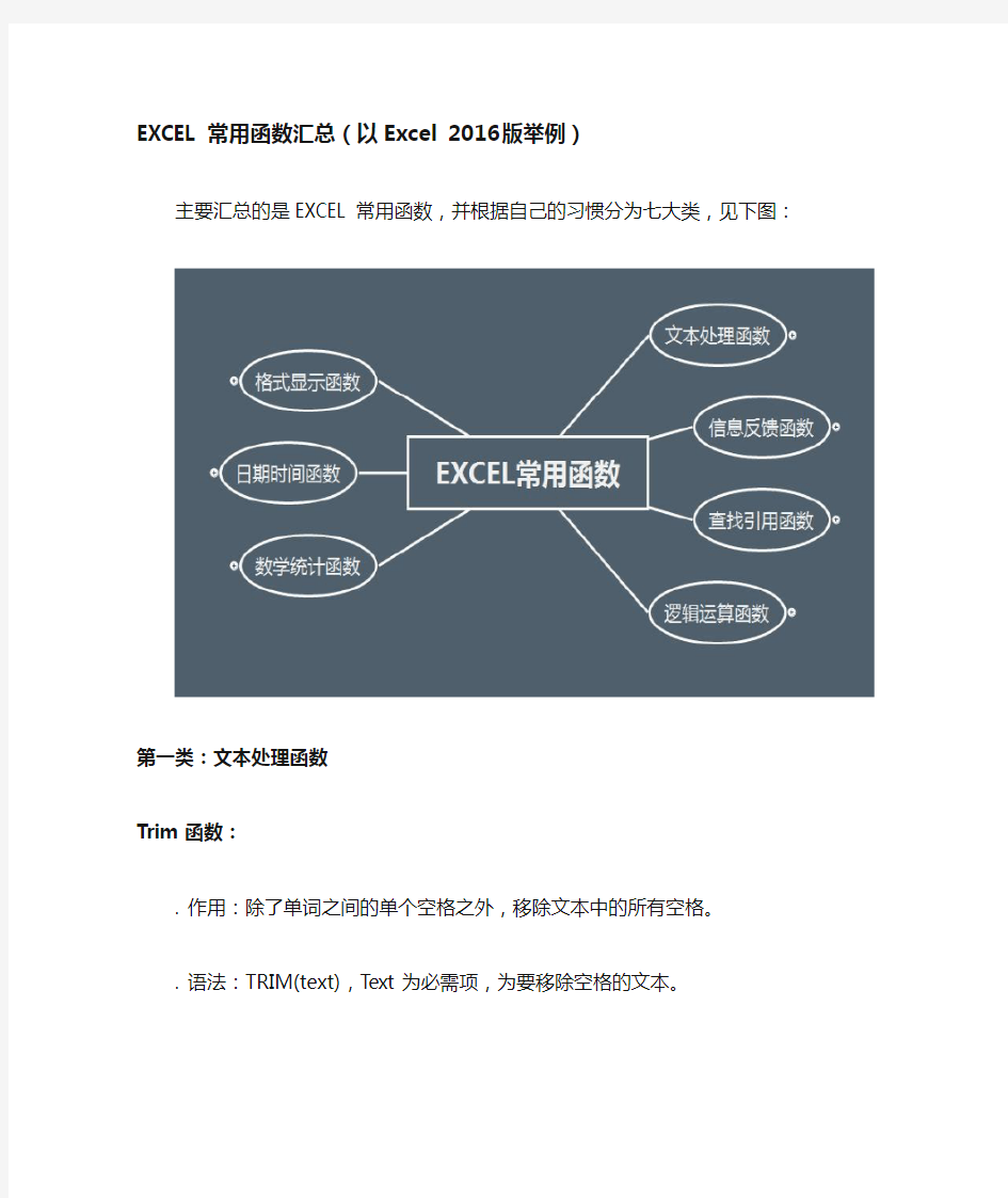 EXCEL常用函数汇总(EXCEL2016版举例)