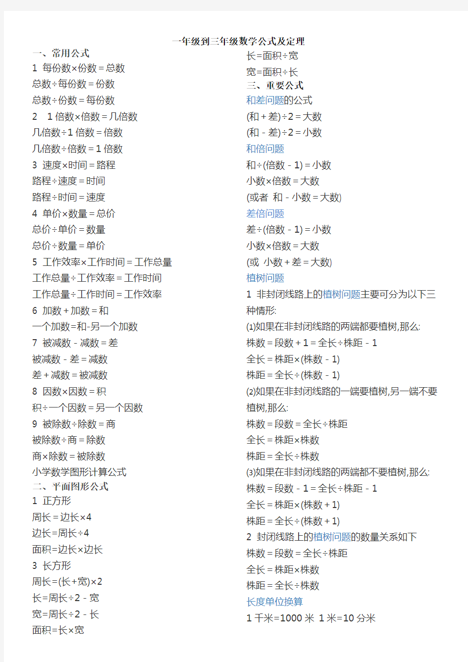 一年级到三年级数学公式及定理-一年级到六年级数学公式