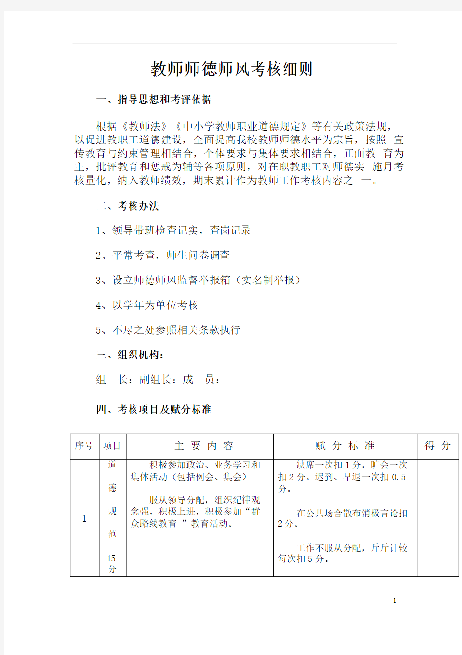 学校教师师德师风考核细则