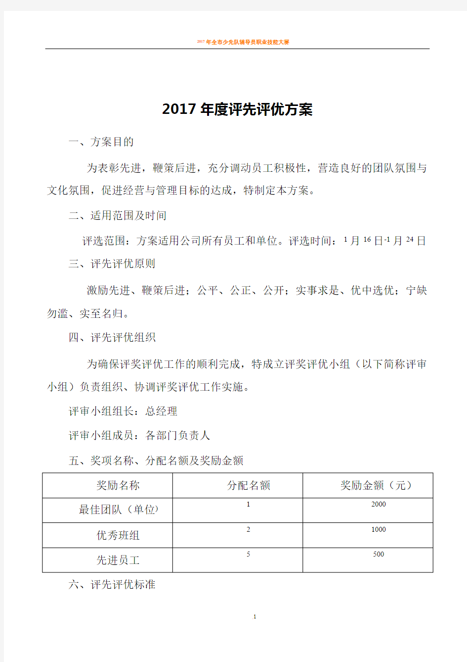 2017年度评先评优方案