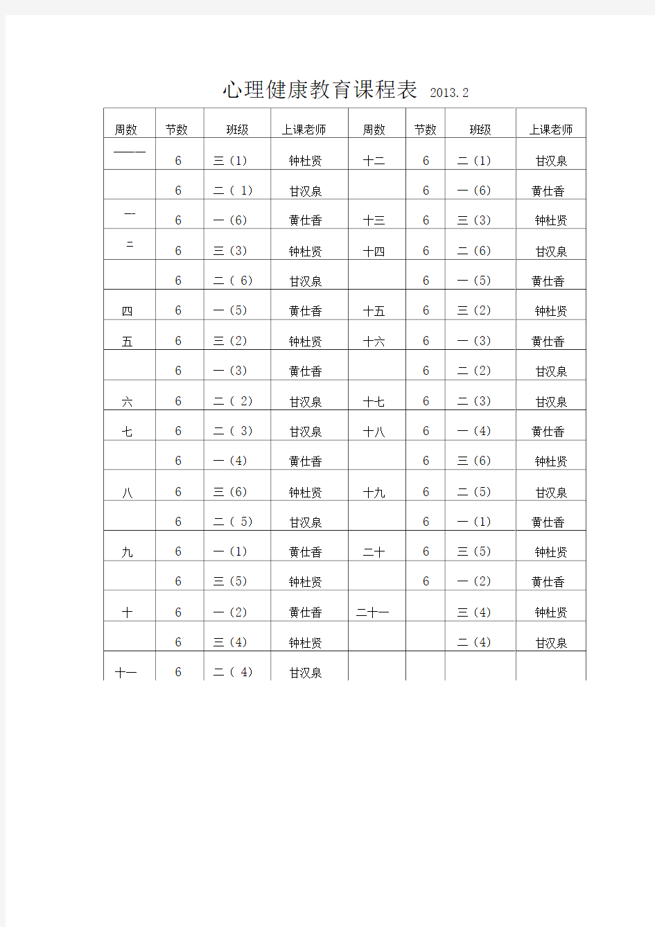 心理健康教育课程表