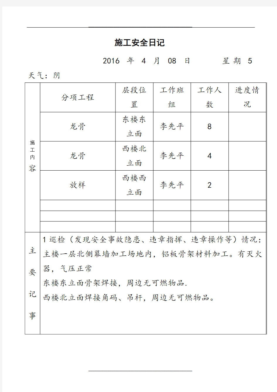 施工安全日记