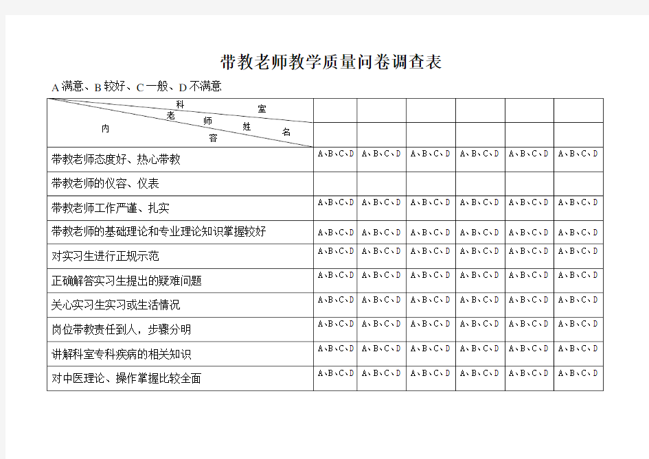 带教老师教学质量问卷调查表