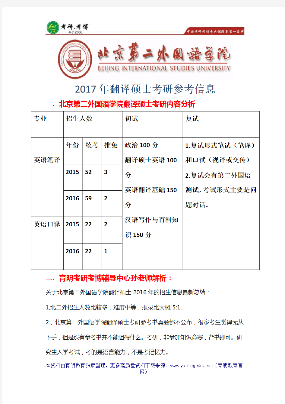 2017年北二外翻译硕士考试科目、考研心得