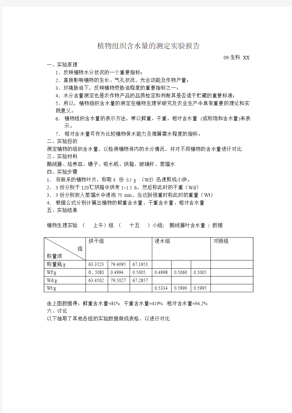 植物组织含水量的测定实验报告