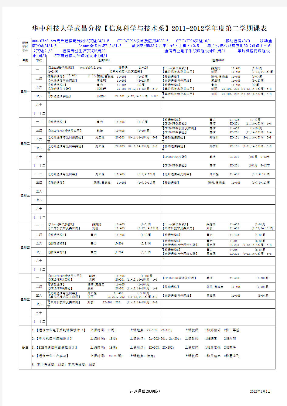 华科大2011-2012-2课程课表(09通信2-3)