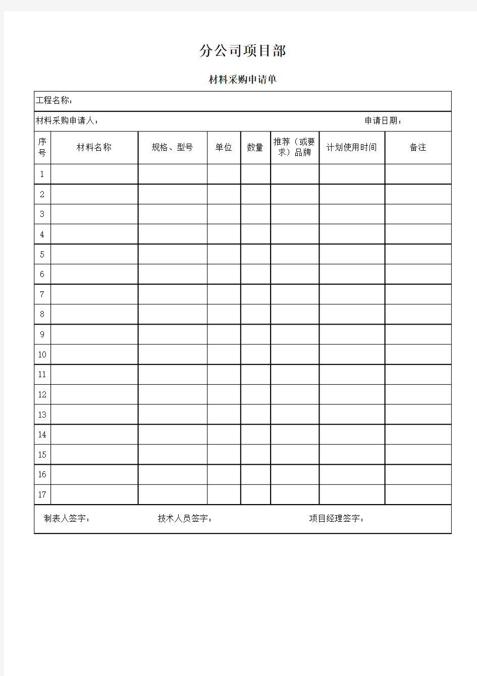 材料采购申请单