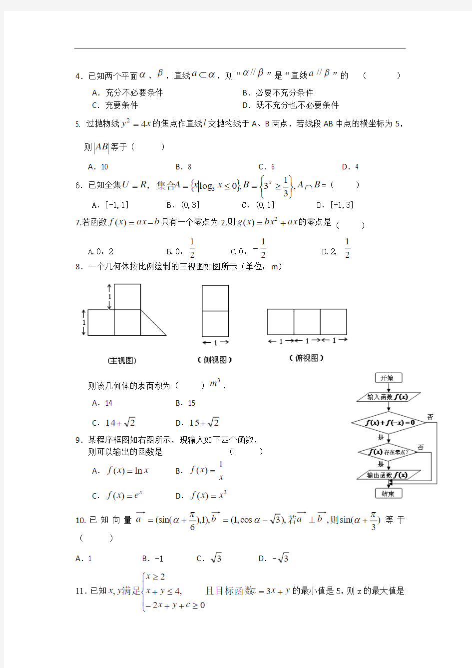 2014福建省漳州五中高三高考模拟文科数学试卷含答案