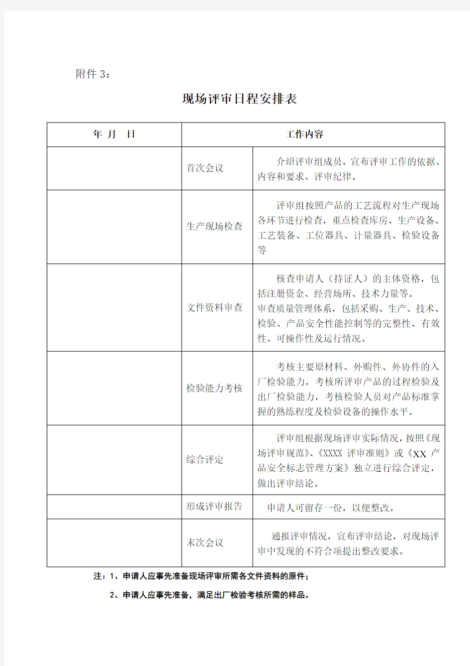 现场评审日程安排表