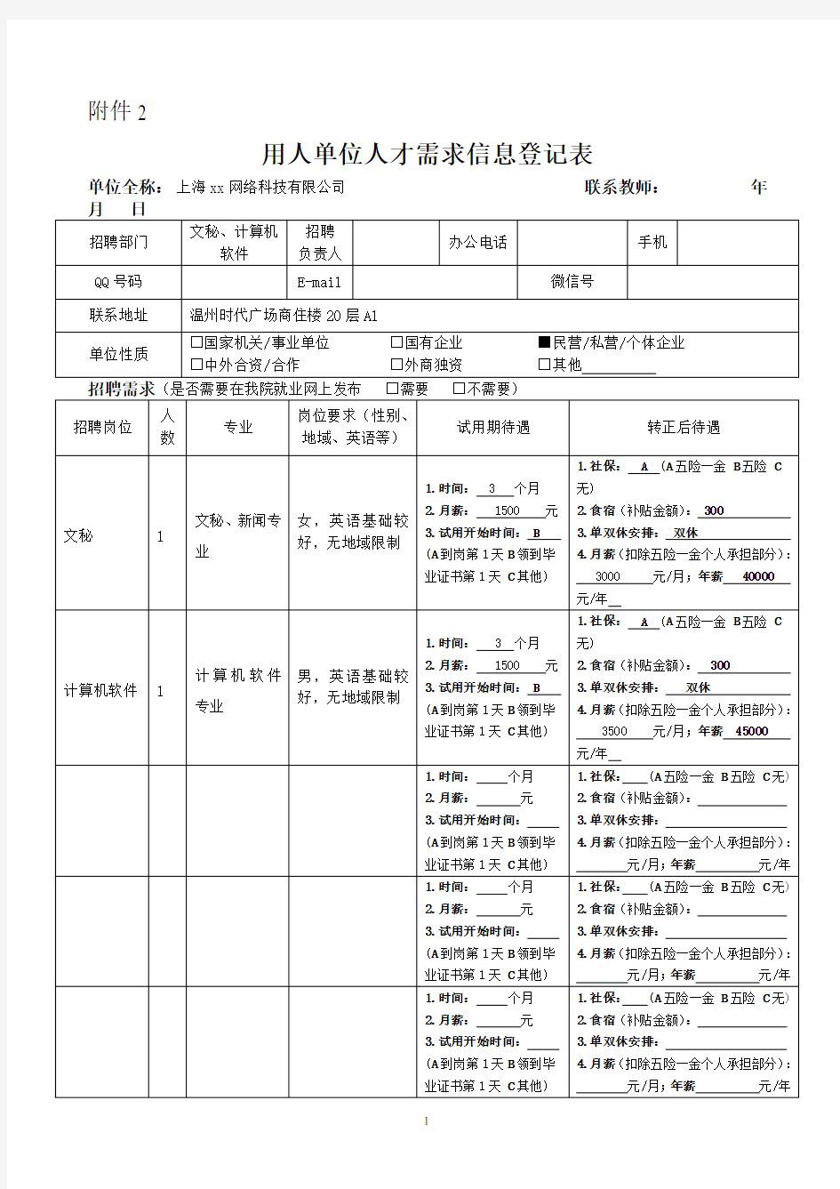 用人单位人才需求信息登记表