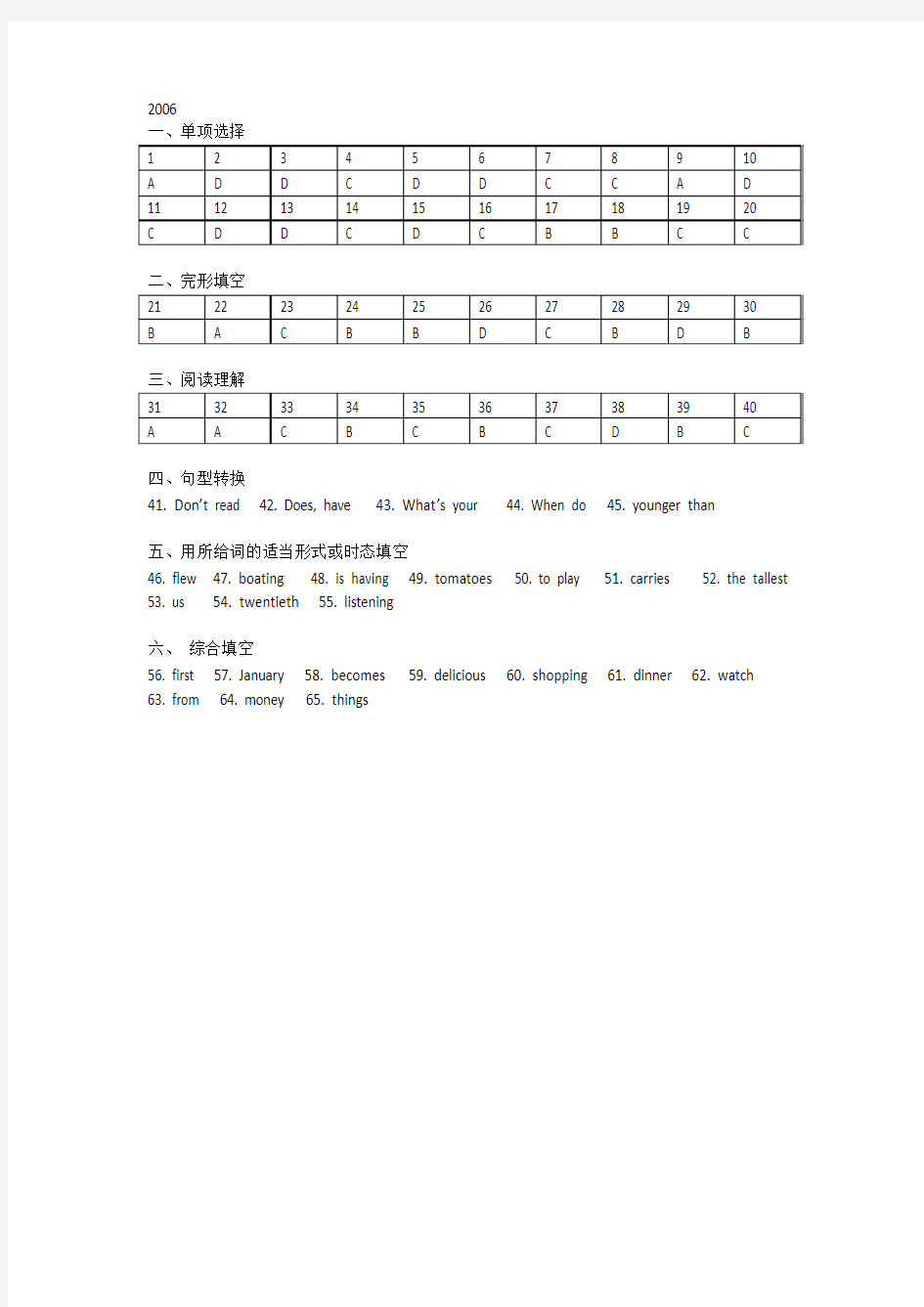 广州市历年小升初英语试卷真题答案