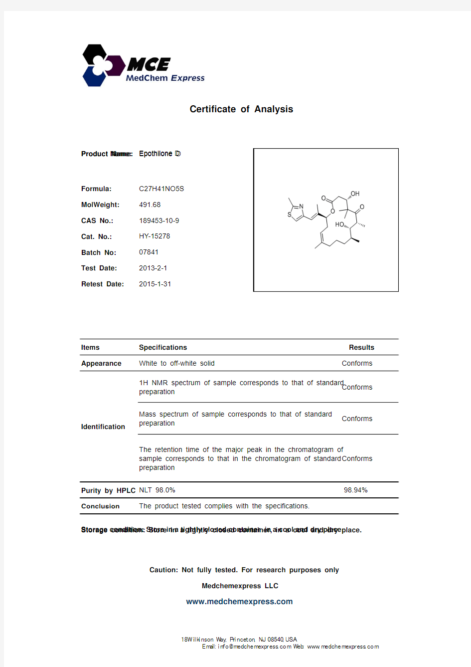 Epothilone D_189453-10-9_CoA_MedChemExpress