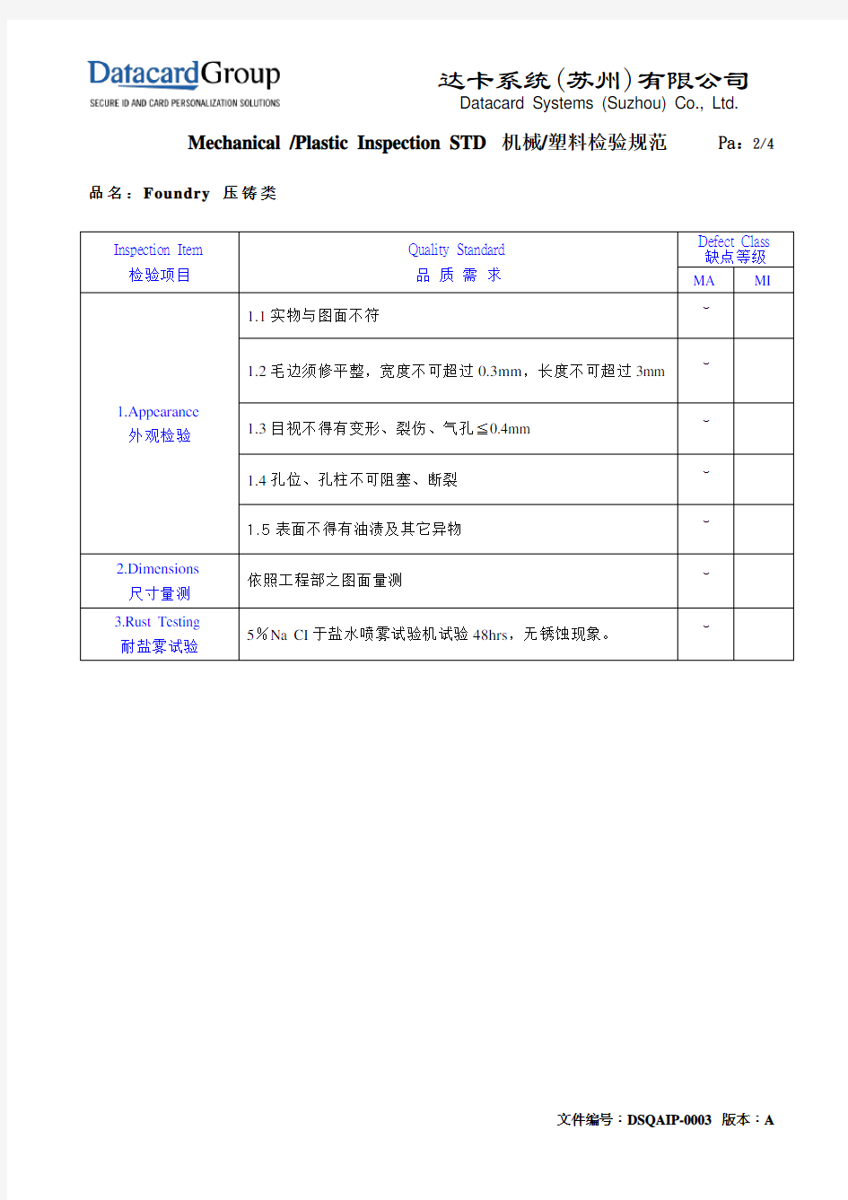 机械加工检验标准