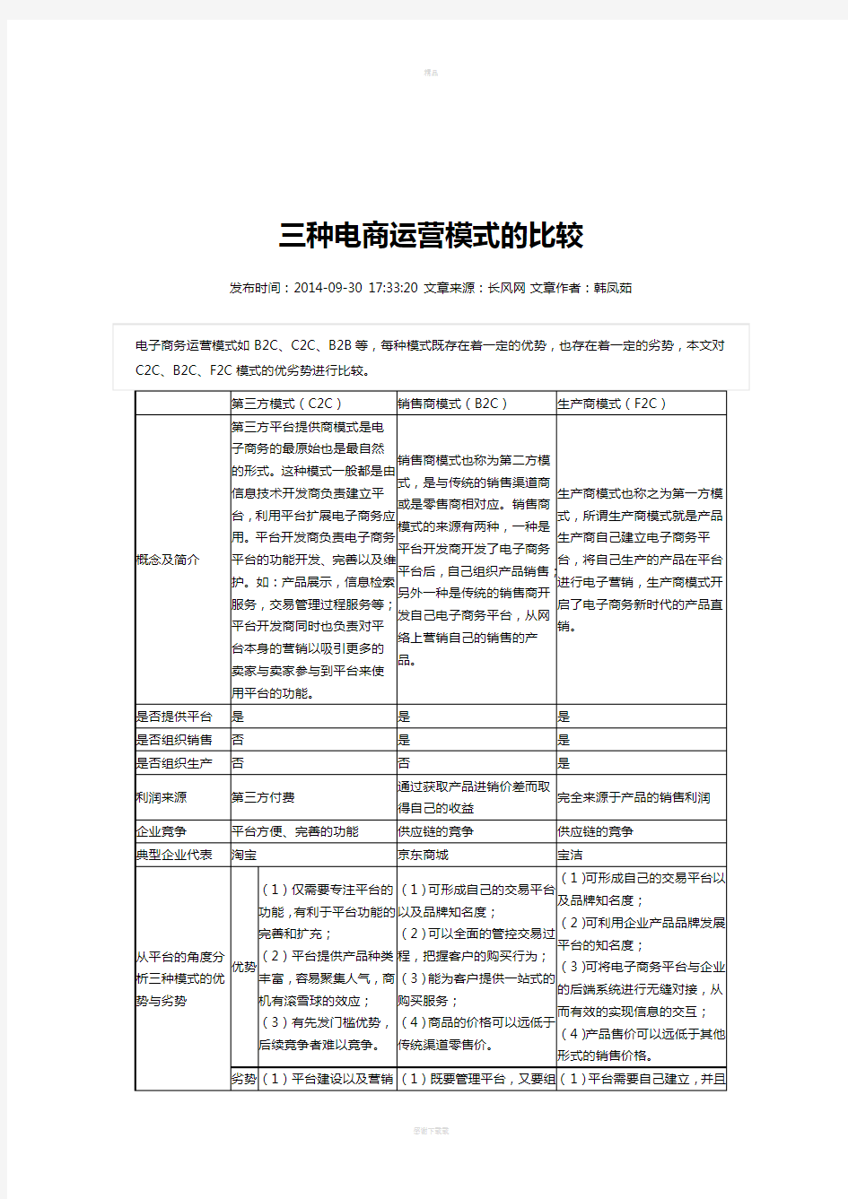 三种电商运营模式的比较