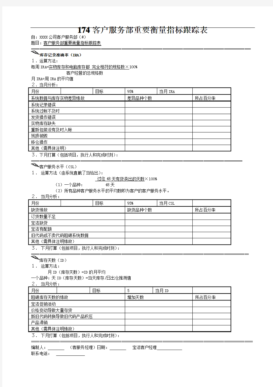 174客户服务部重要衡量指标跟踪表