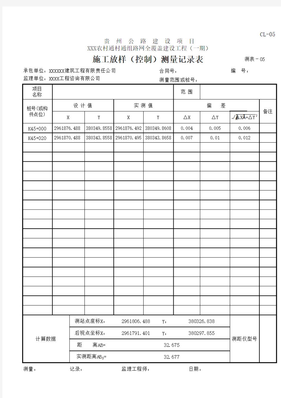 施工放样(控制)测量记录表