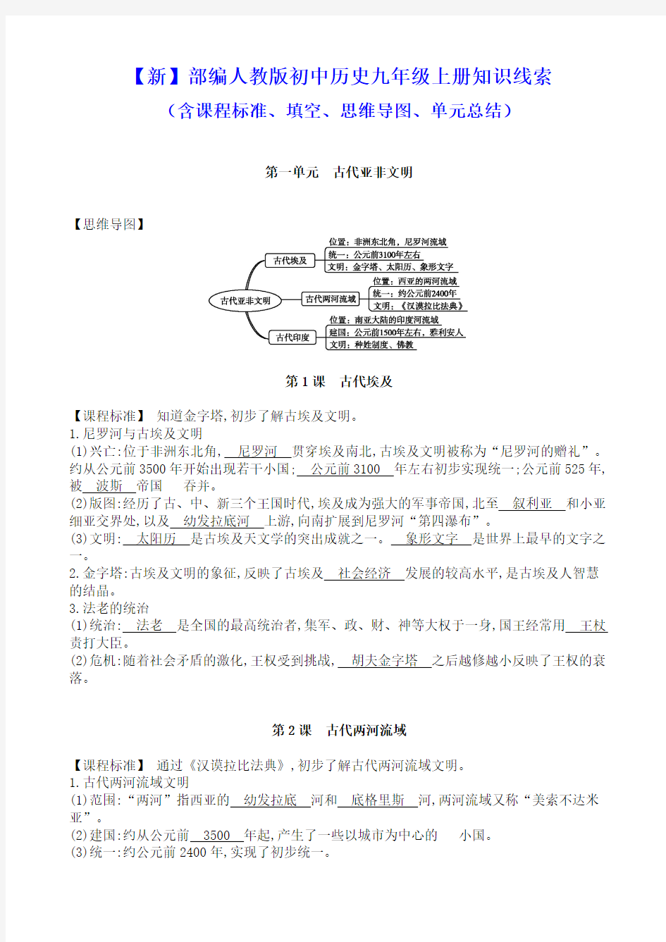 【新】部编人教版初中历史九年级上册知识线索(含课程标准、填空、思维导图、单元总结)