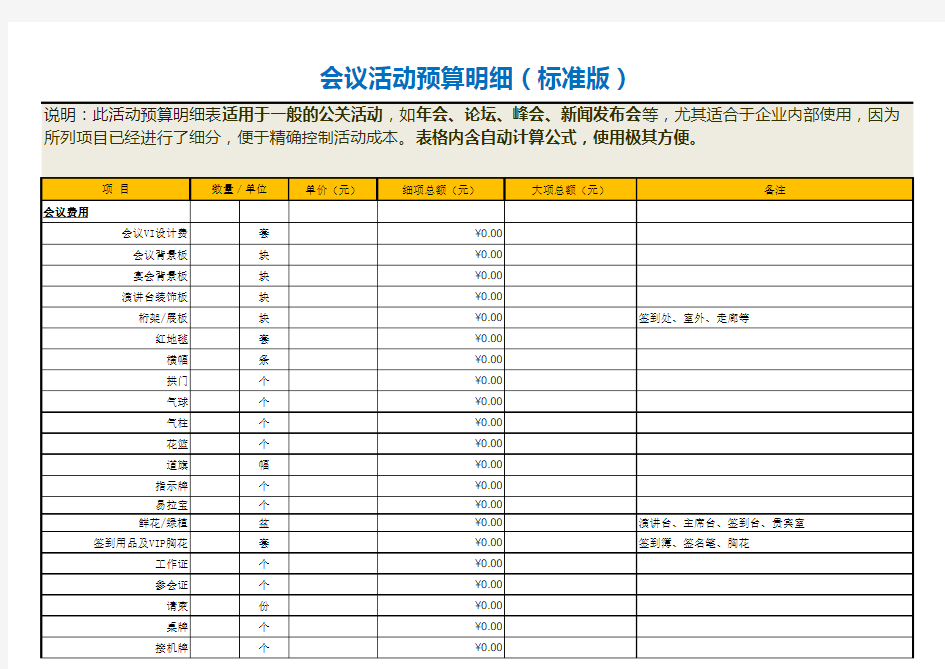 会议活动预算明细(标准版)EXCEl模板(推荐)