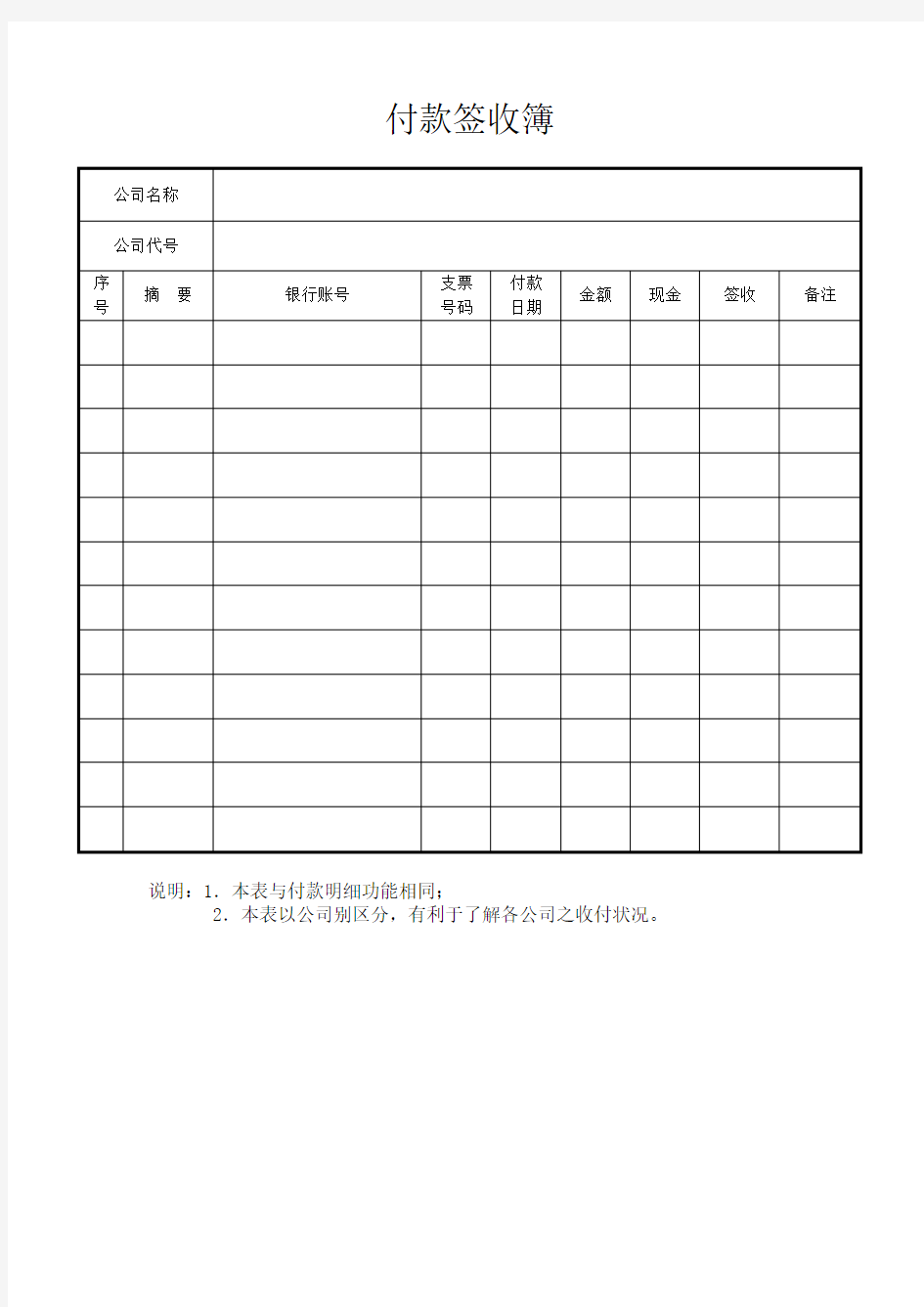 付款签收簿格式