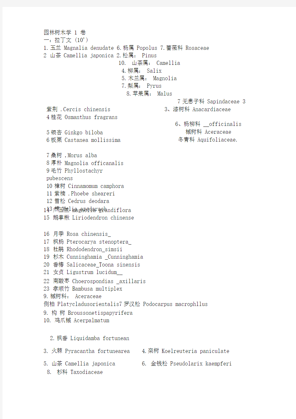 园林树木学复习试题10套及答案