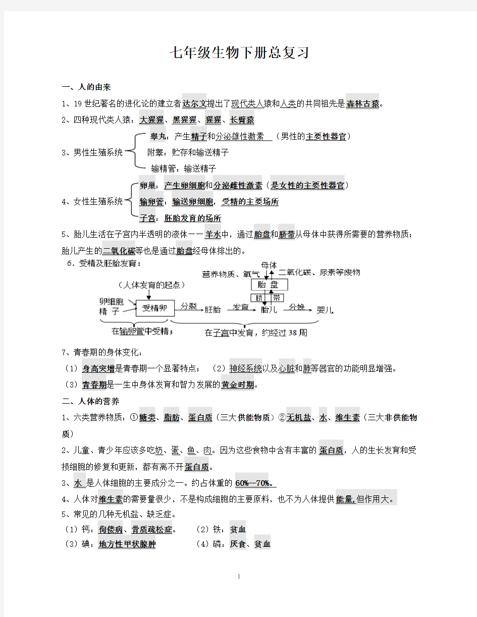 人教版七年级生物下册知识点归纳